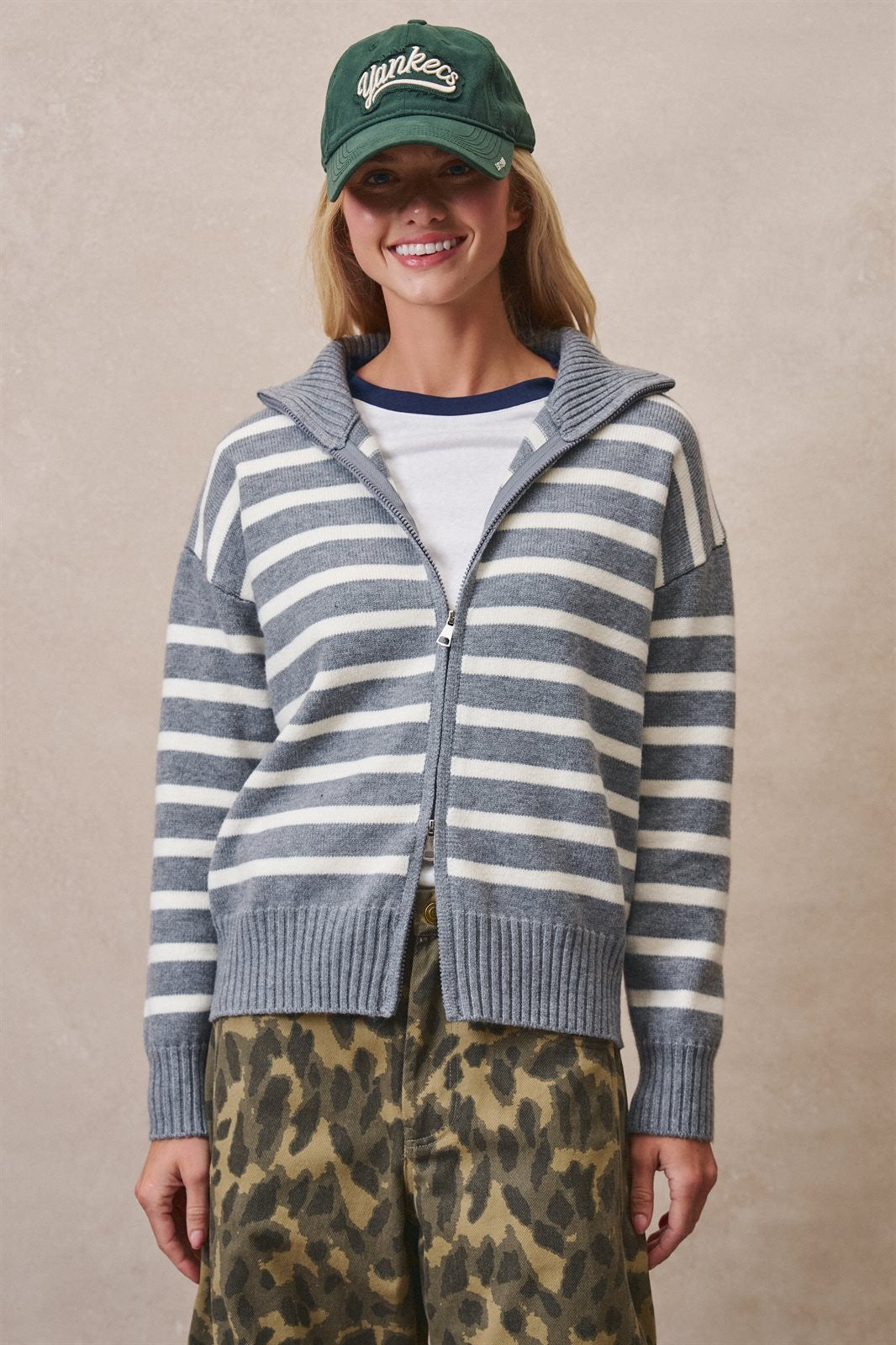 Breton Stripe Zip-Up Funnel Neck Sweater in Grey Ivory - Women's Wholesale Cardigans & Shrugs | Trend Notes