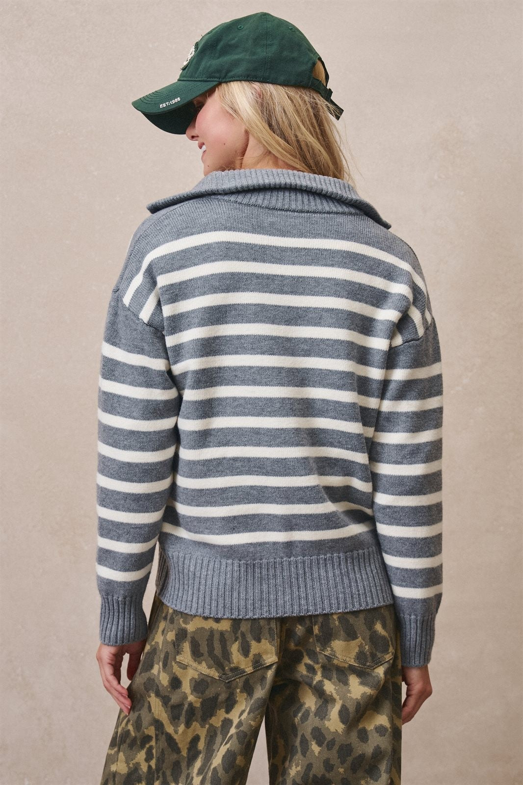 Breton Stripe Zip-Up Funnel Neck Sweater in Grey Ivory - Women's Wholesale Cardigans & Shrugs | Trend Notes
