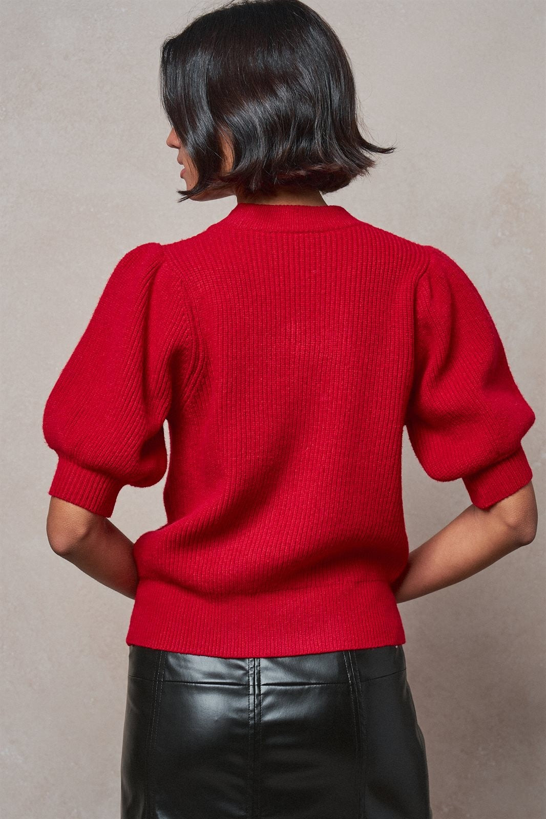 Bow Detail Puff Sleeve Ribbed Knit Sweater in Red - Women's Wholesale Sweaters | Trend Notes