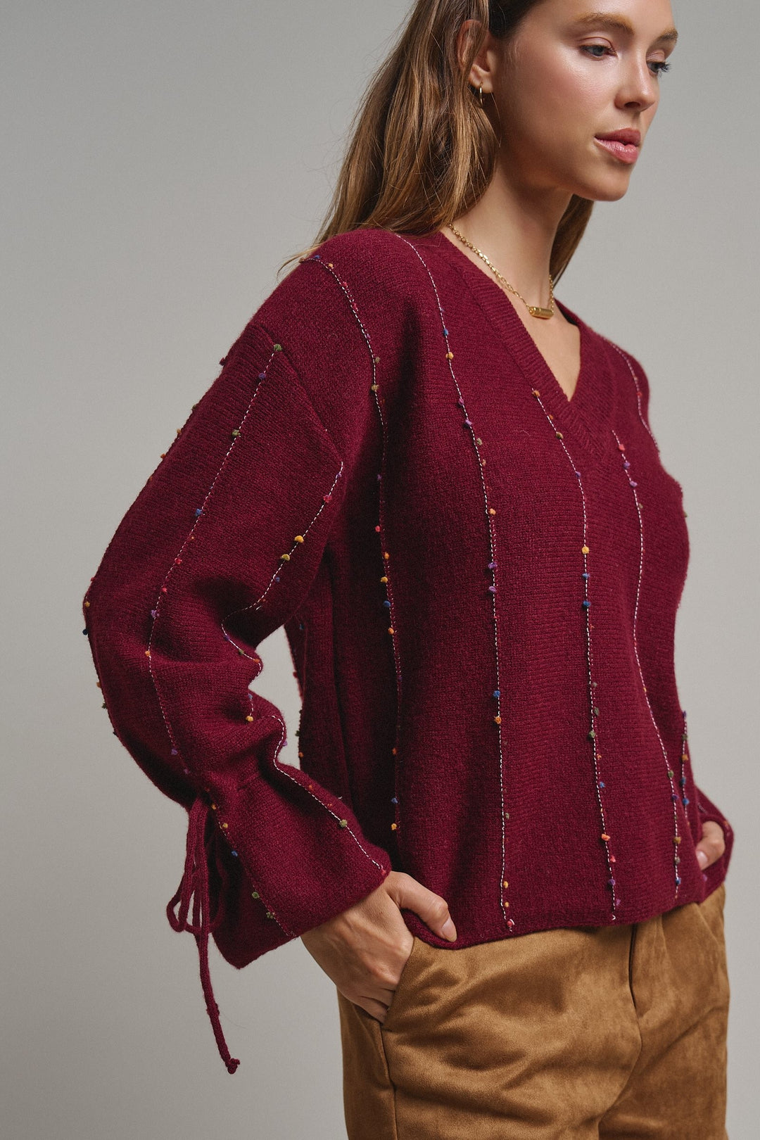 Colorful Dot Stitch V-Neck Tie Sleeve Sweater in Brown - Women's Wholesale Sweaters | Trend Notes