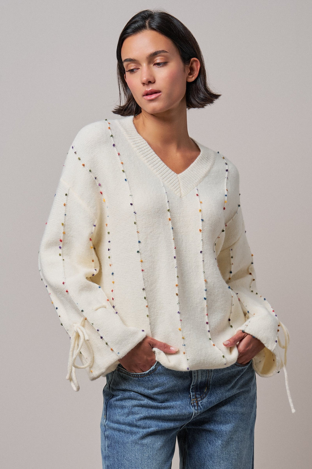 Colorful Dot Stitch V-Neck Tie Sleeve Sweater in Ivory - Women's Wholesale Sweaters | Trend Notes