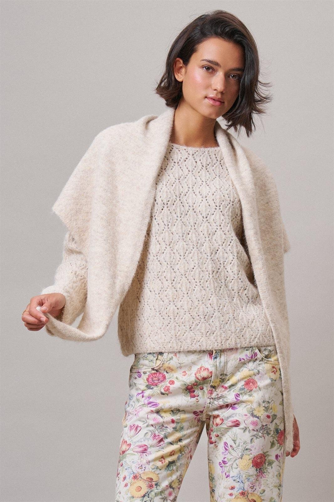 Pointelle Knit Sweater & Shawl Two-Piece Set in Natural - Women's Wholesale Sweaters | Trend Notes