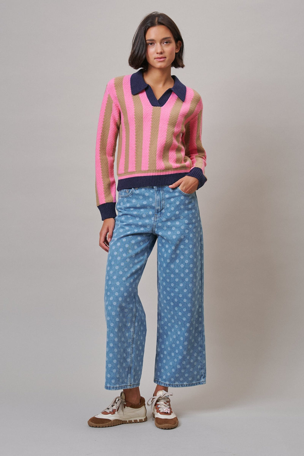 Sugar Rush Stripe Polo Sweater in Pink/taupe - Women's Wholesale Sweaters | Trend Notes