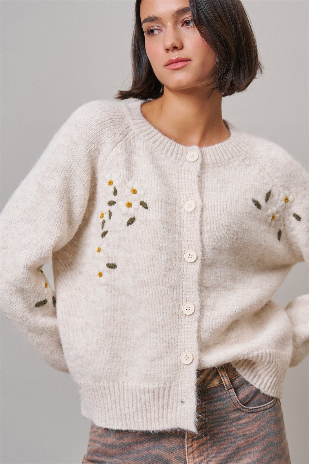 Daisy Embroidered Button-Front Knit Cardigan in Oatmeal - Women's Wholesale Cardigans & Shrugs | Trend Notes