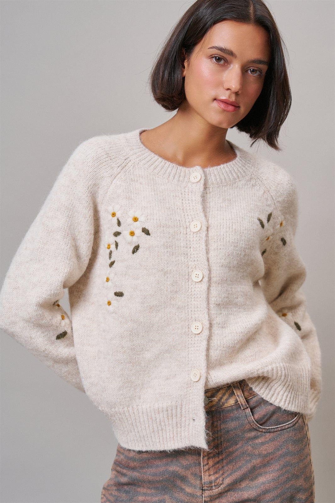 Daisy Embroidered Button-Front Knit Cardigan in Oatmeal - Women's Wholesale Cardigans & Shrugs | Trend Notes