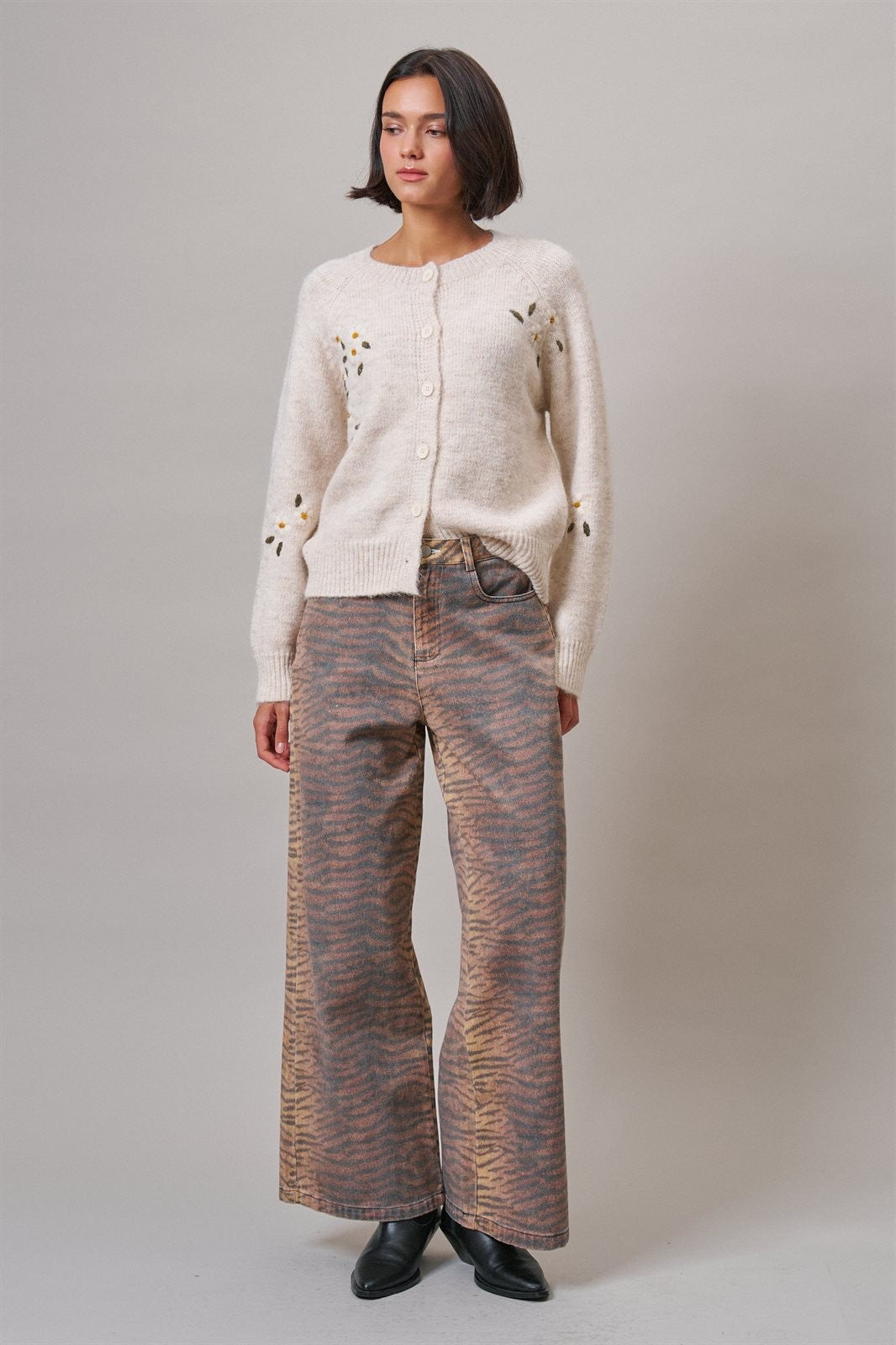Daisy Embroidered Button-Front Knit Cardigan in Oatmeal - Women's Wholesale Cardigans & Shrugs | Trend Notes