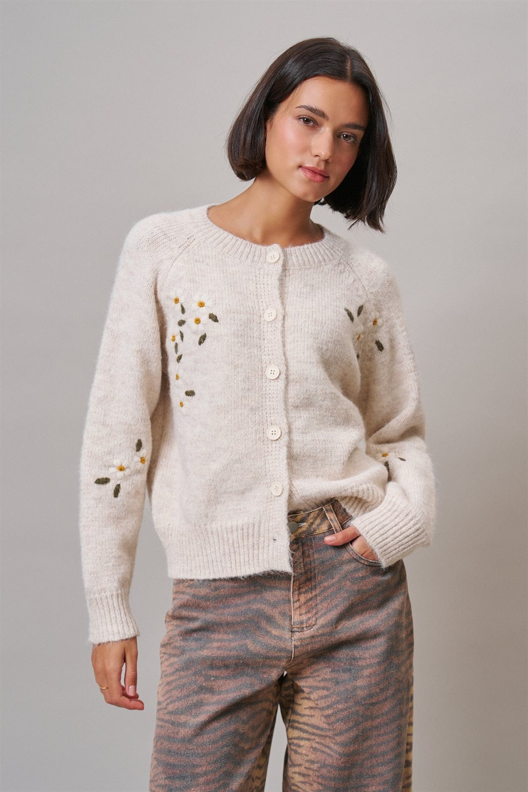 Daisy Embroidered Button-Front Knit Cardigan in Oatmeal - Women's Wholesale Cardigans & Shrugs | Trend Notes