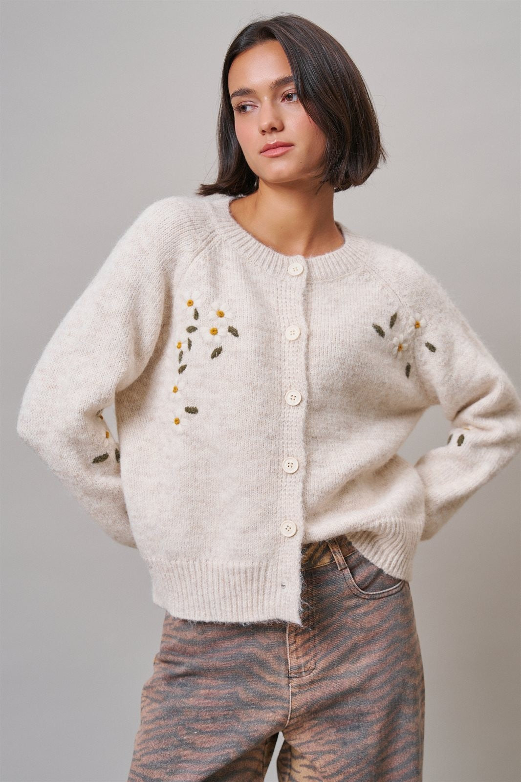 Daisy Embroidered Button-Front Knit Cardigan in Oatmeal - Women's Wholesale Cardigans & Shrugs | Trend Notes
