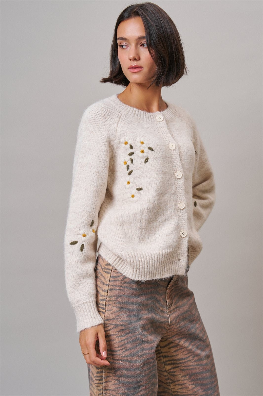 Daisy Embroidered Button-Front Knit Cardigan in Oatmeal - Women's Wholesale Cardigans & Shrugs | Trend Notes