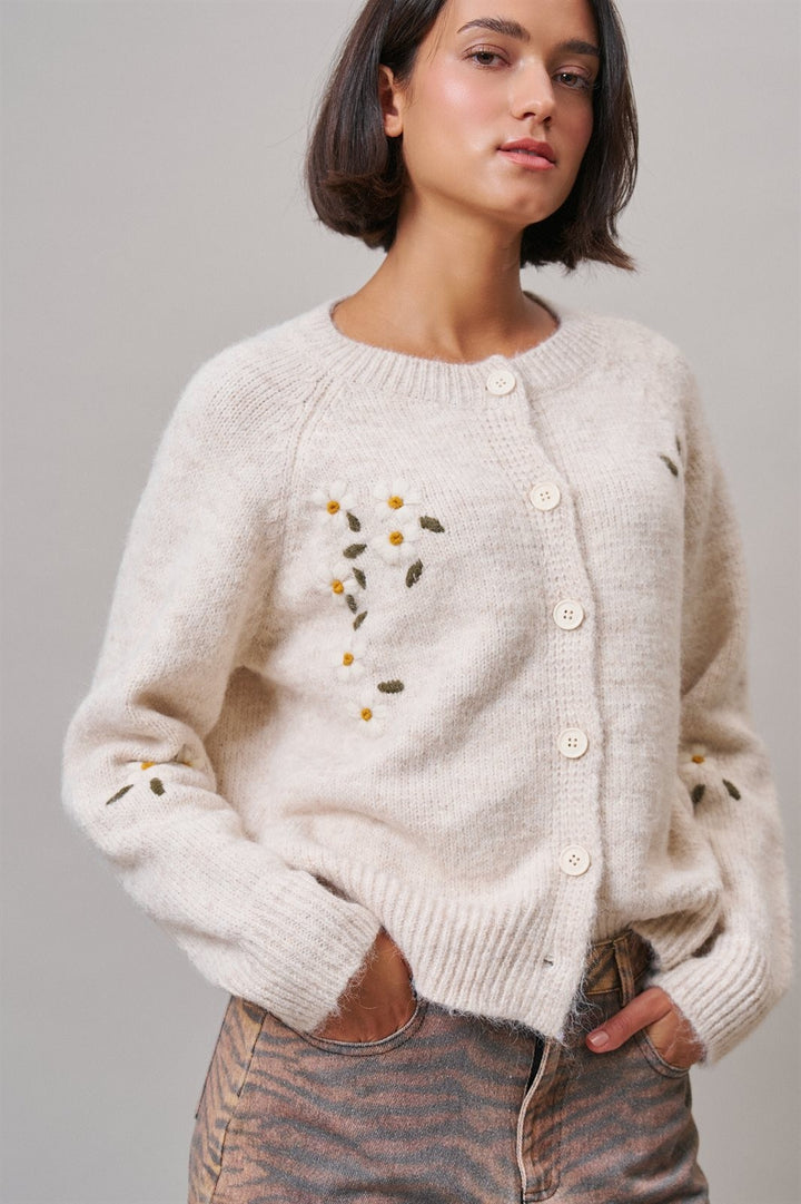 Daisy Embroidered Button-Front Knit Cardigan in Oatmeal - Women's Wholesale Cardigans & Shrugs | Trend Notes