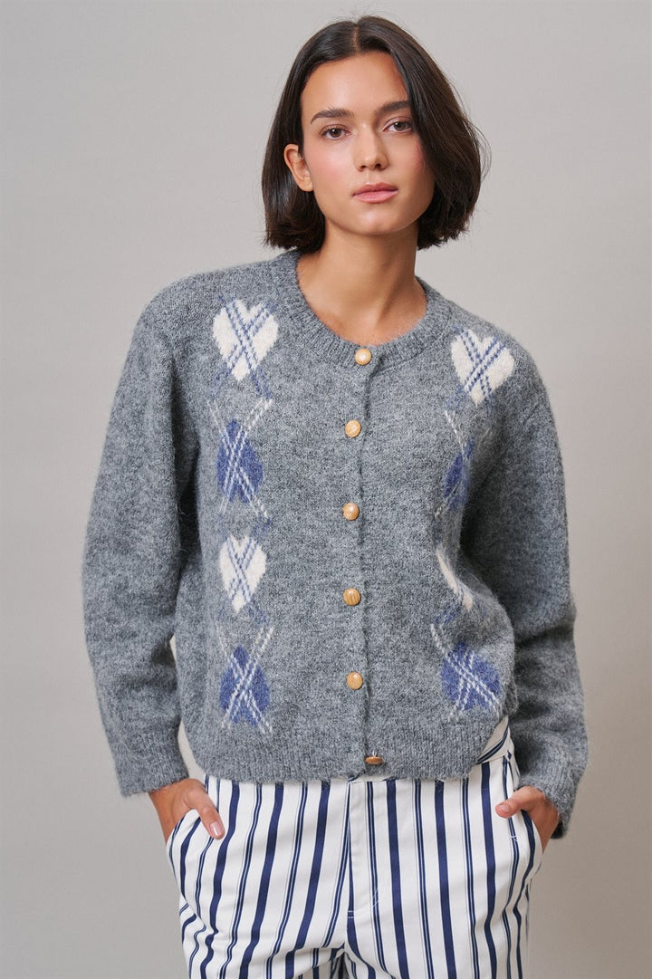 Argyle Heart Intarsia Knit Button-Up Cardigan in Grey - Women's Wholesale Cardigans & Shrugs | Trend Notes