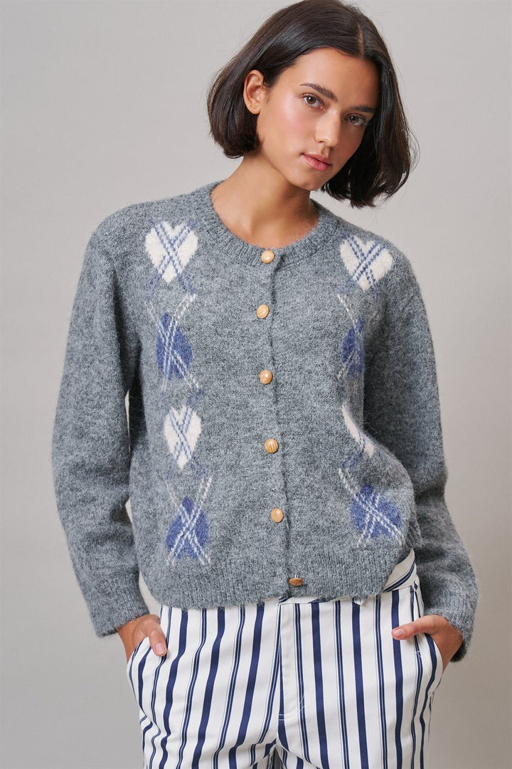 Argyle Heart Intarsia Knit Button-Up Cardigan in Grey - Women's Wholesale Cardigans & Shrugs | Trend Notes