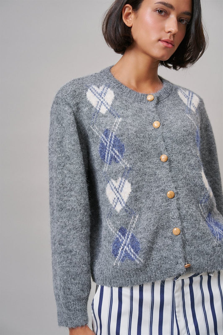 Argyle Heart Intarsia Knit Button-Up Cardigan in Grey - Women's Wholesale Cardigans & Shrugs | Trend Notes