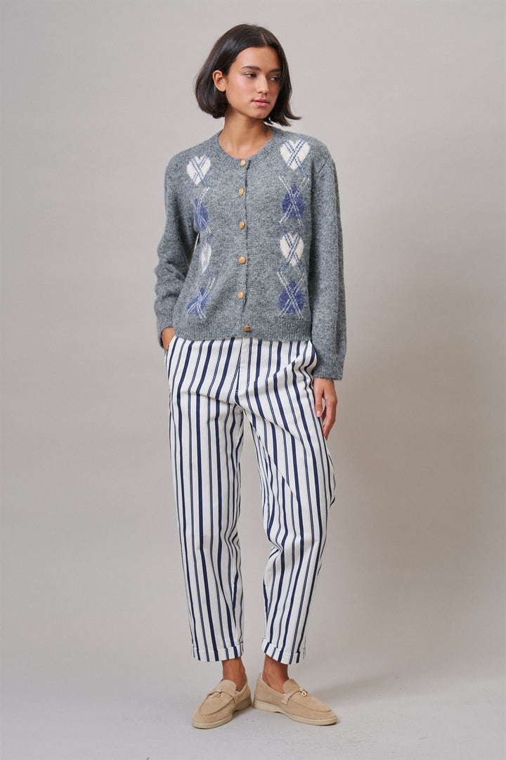 Argyle Heart Intarsia Knit Button-Up Cardigan in Grey - Women's Wholesale Cardigans & Shrugs | Trend Notes