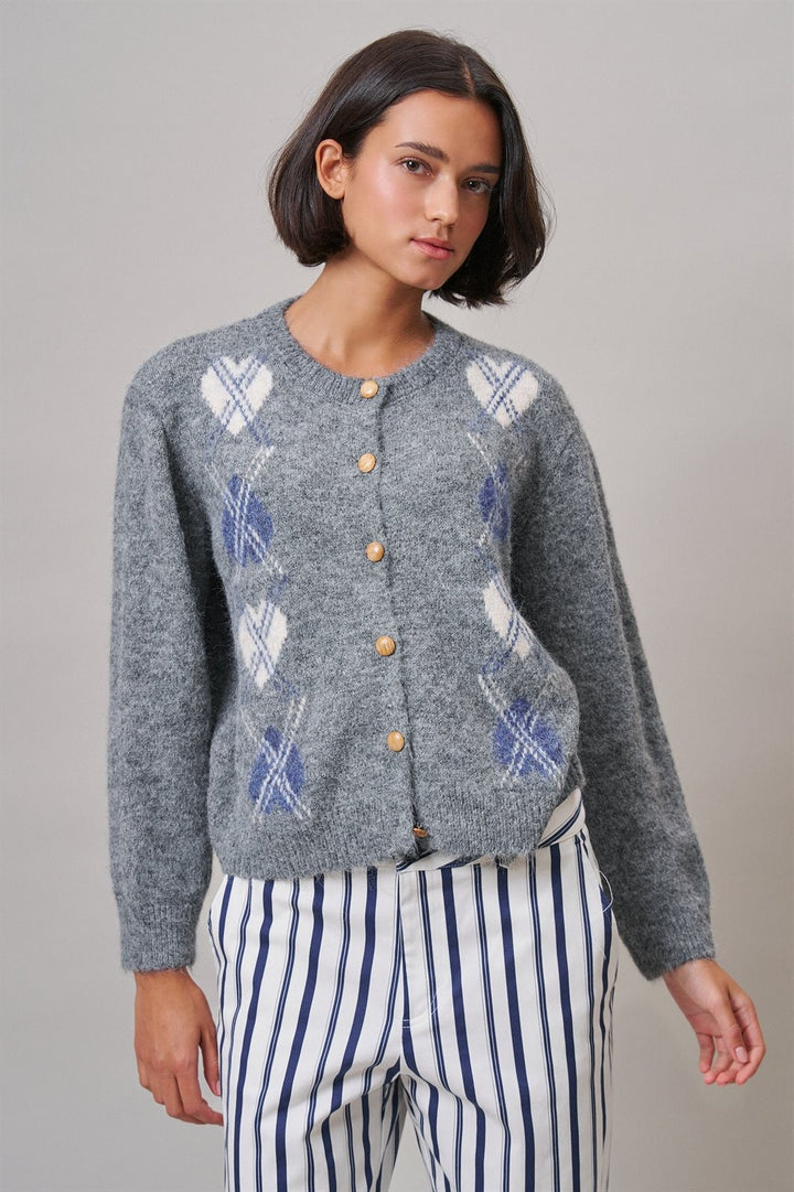 Argyle Heart Intarsia Knit Button-Up Cardigan in Grey - Women's Wholesale Cardigans & Shrugs | Trend Notes