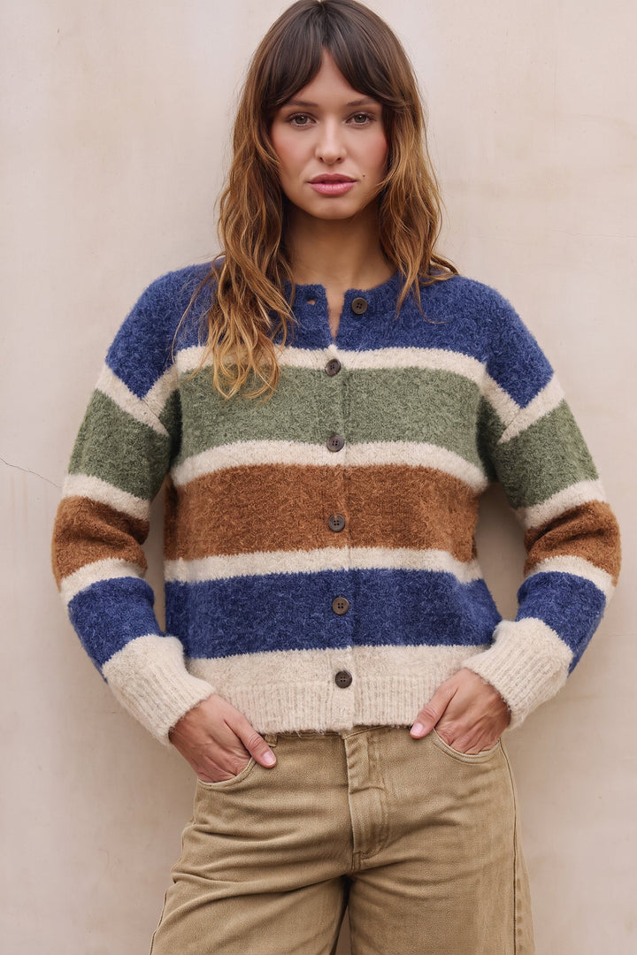 Hearthside Stripe Boucle Cardigan in Rust/olive - Women's Wholesale Cardigans & Shrugs | Trend Notes