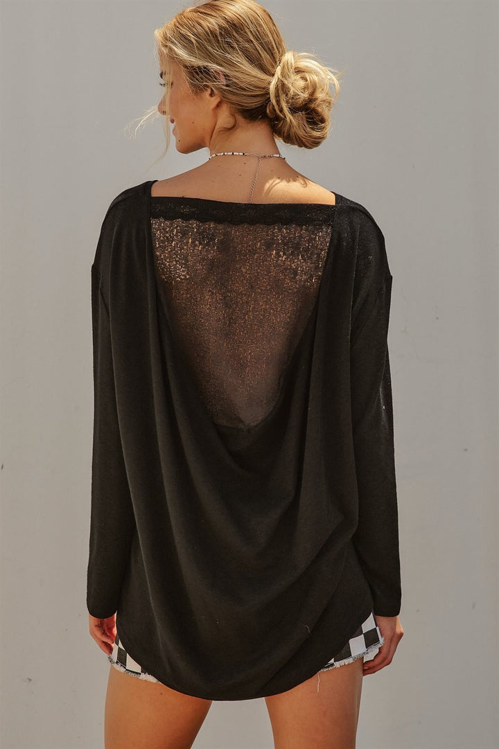 Oversized Drape Back Lace Insert Long Sleeve Knit Top Boat N in Black - Women's Wholesale Fashion | Trend Notes