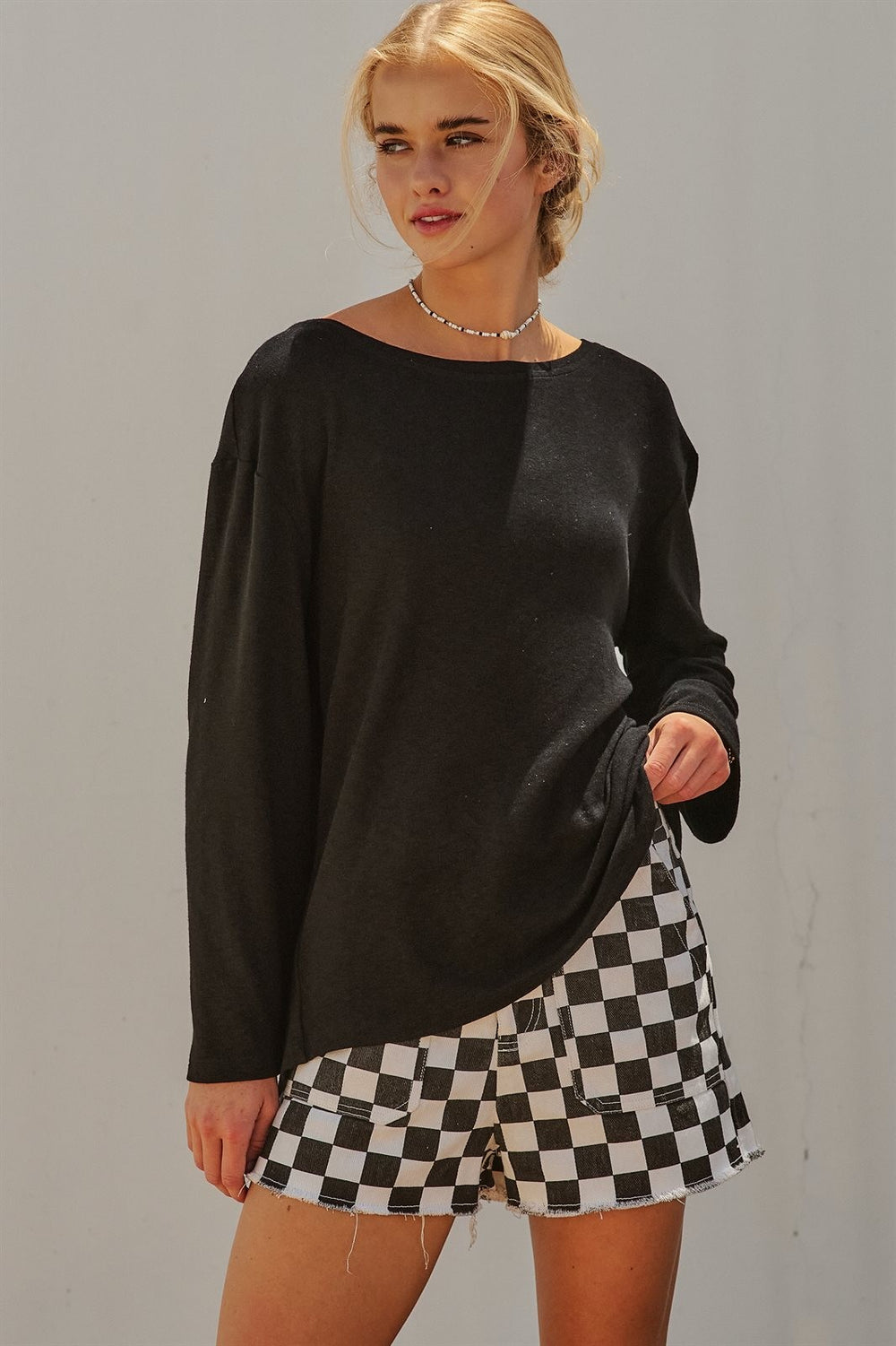 Oversized Drape Back Lace Insert Long Sleeve Knit Top Boat N in Black - Women's Wholesale Fashion | Trend Notes