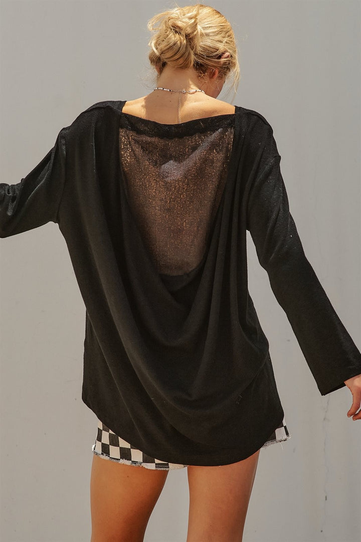 Oversized Drape Back Lace Insert Long Sleeve Knit Top Boat N in Black - Women's Wholesale Fashion | Trend Notes