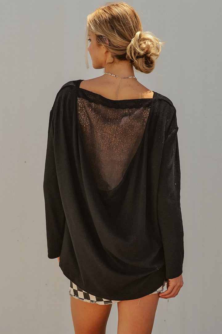 Oversized Drape Back Lace Insert Long Sleeve Knit Top Boat N in Black - Women's Wholesale Fashion | Trend Notes