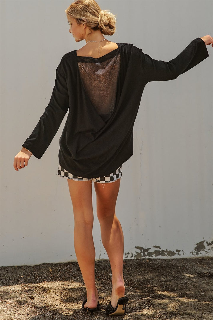 Oversized Drape Back Lace Insert Long Sleeve Knit Top Boat N in Black - Women's Wholesale Fashion | Trend Notes