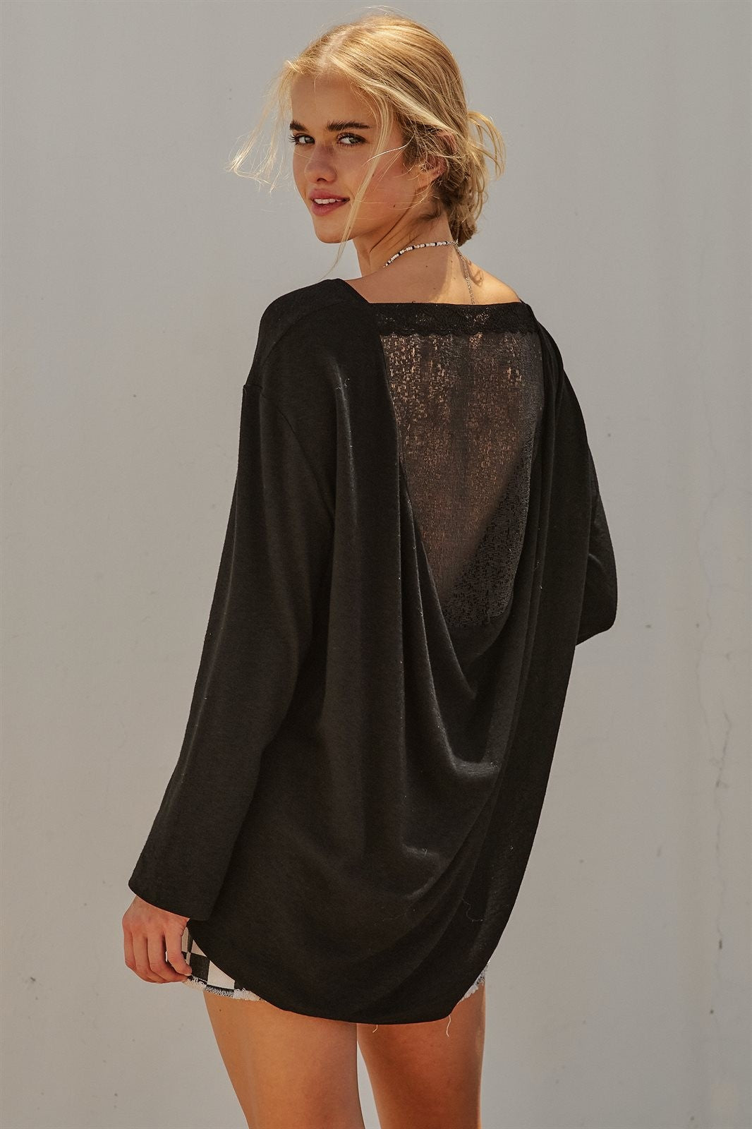 Oversized Drape Back Lace Insert Long Sleeve Knit Top Boat N in Black - Women's Wholesale Fashion | Trend Notes