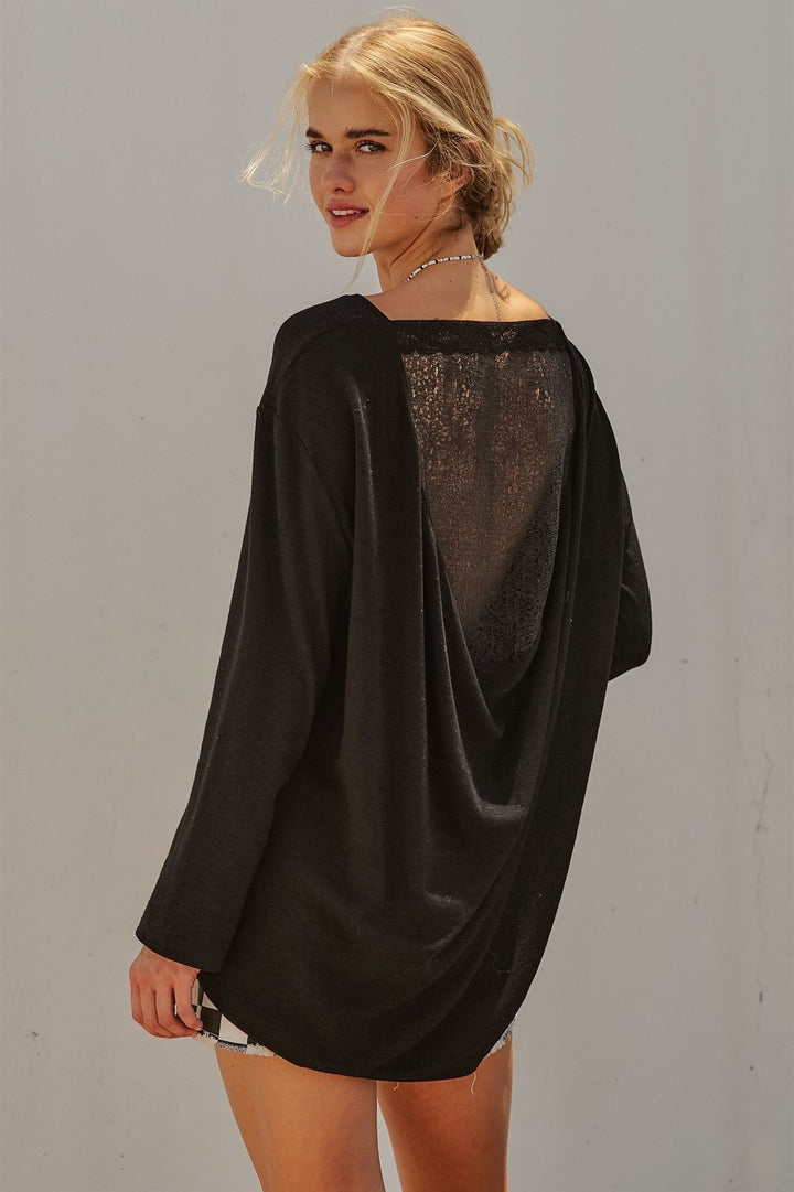 Oversized Drape Back Lace Insert Long Sleeve Knit Top Boat N in Black - Women's Wholesale Fashion | Trend Notes