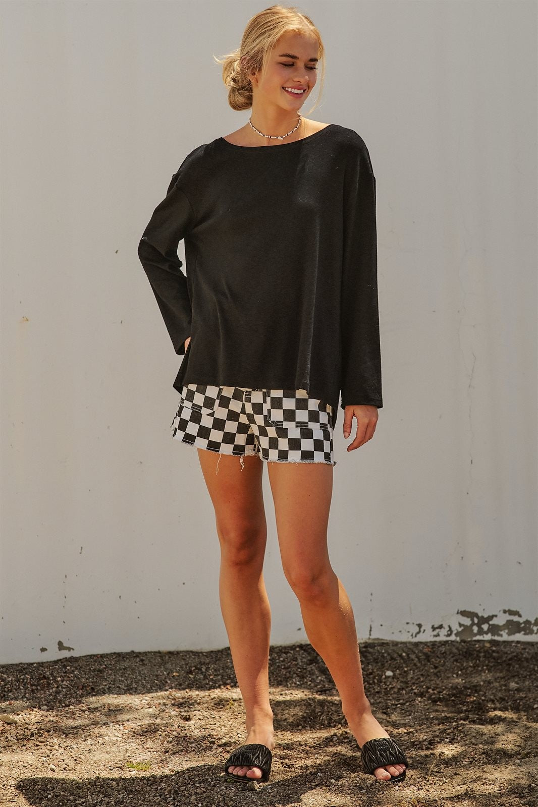 Oversized Drape Back Lace Insert Long Sleeve Knit Top Boat N in Black - Women's Wholesale Fashion | Trend Notes