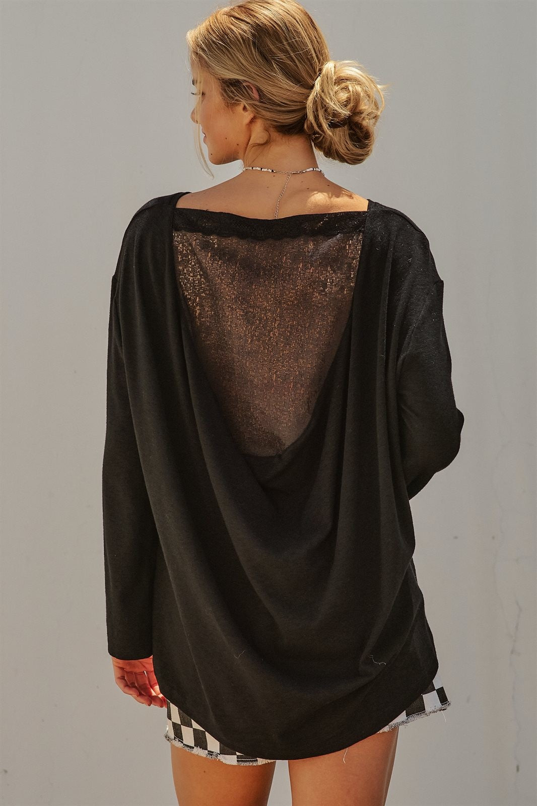 Oversized Drape Back Lace Insert Long Sleeve Knit Top Boat N in Black - Women's Wholesale Fashion | Trend Notes