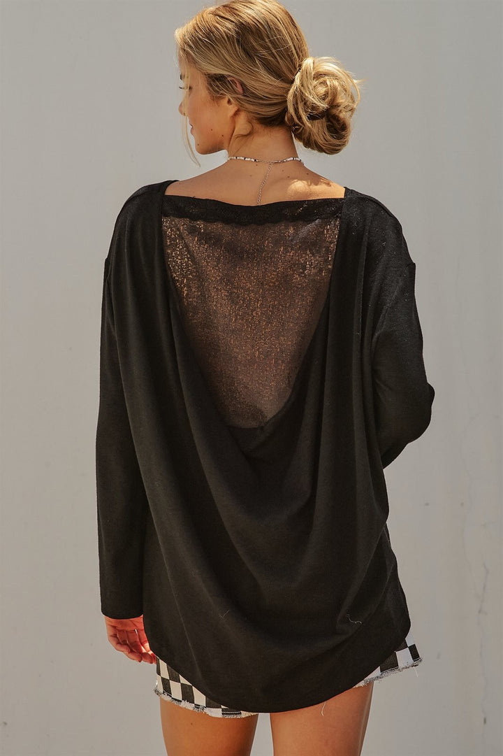 Oversized Drape Back Lace Insert Long Sleeve Knit Top Boat N in Black - Women's Wholesale Fashion | Trend Notes