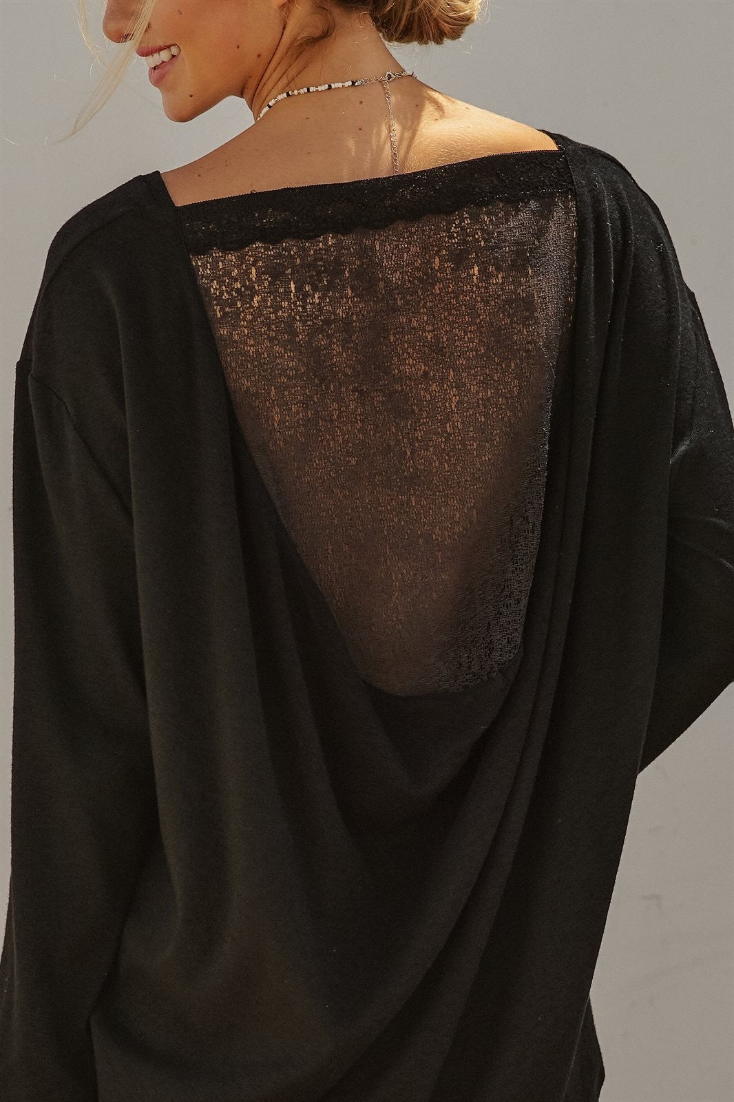 Oversized Drape Back Lace Insert Long Sleeve Knit Top Boat N in Black - Women's Wholesale Fashion | Trend Notes