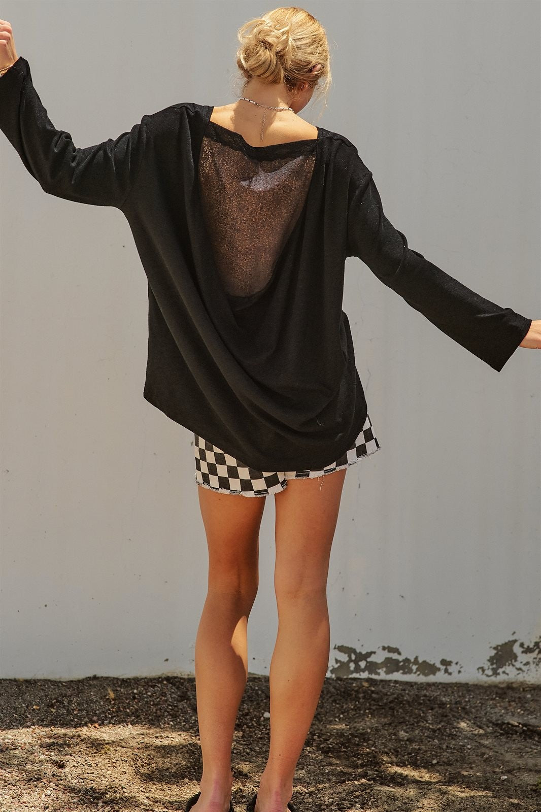 Oversized Drape Back Lace Insert Long Sleeve Knit Top Boat N in Black - Women's Wholesale Fashion | Trend Notes