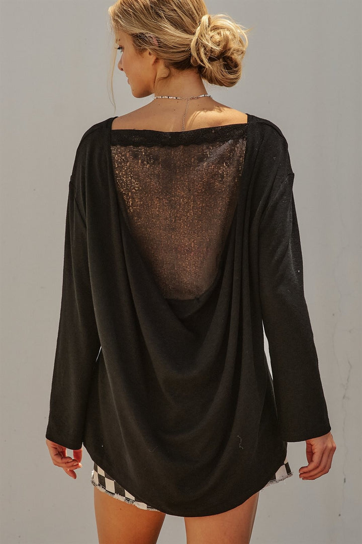 Oversized Drape Back Lace Insert Long Sleeve Knit Top Boat N in Black - Women's Wholesale Fashion | Trend Notes