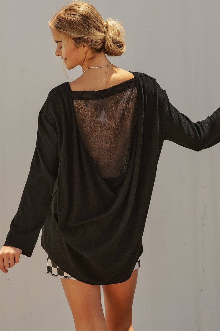 Oversized Drape Back Lace Insert Long Sleeve Knit Top Boat N in Black - Women's Wholesale Fashion | Trend Notes
