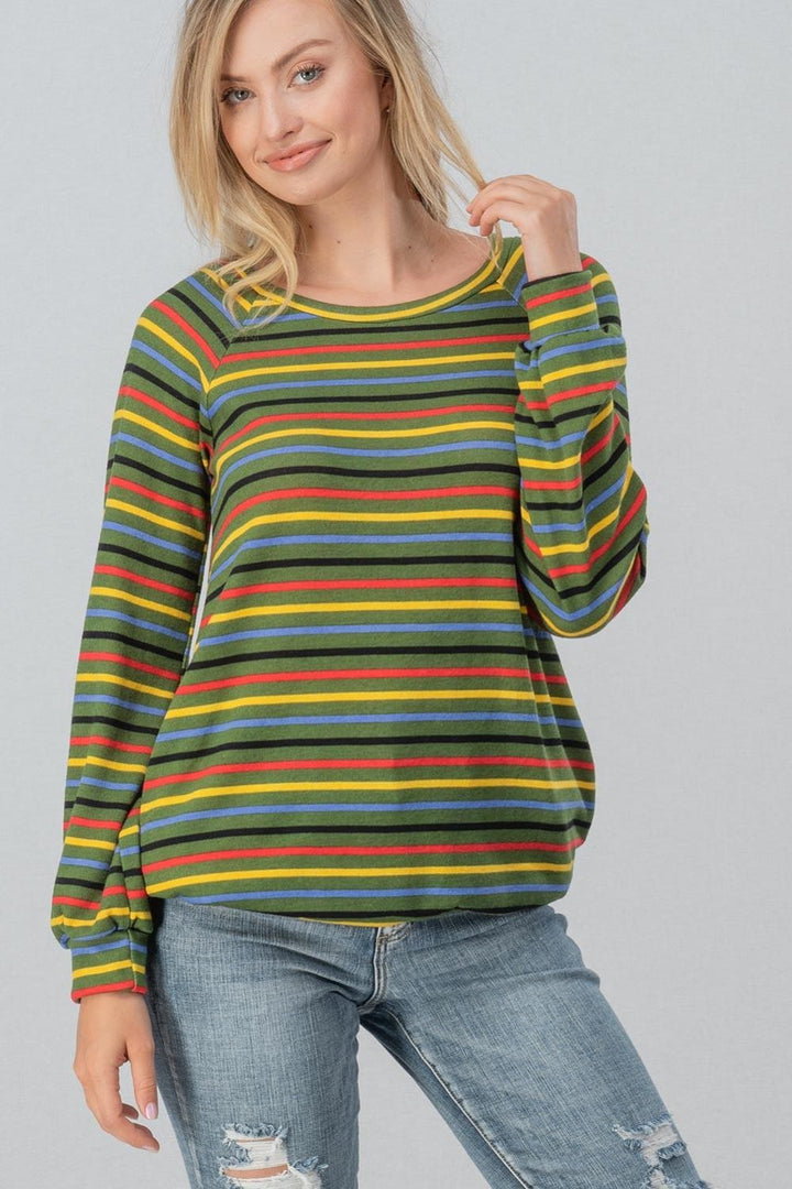 Striped Boho Casual Top with Long Sleeves in Green Multi - Women's Wholesale T-Shirts & Polos | Trend Notes