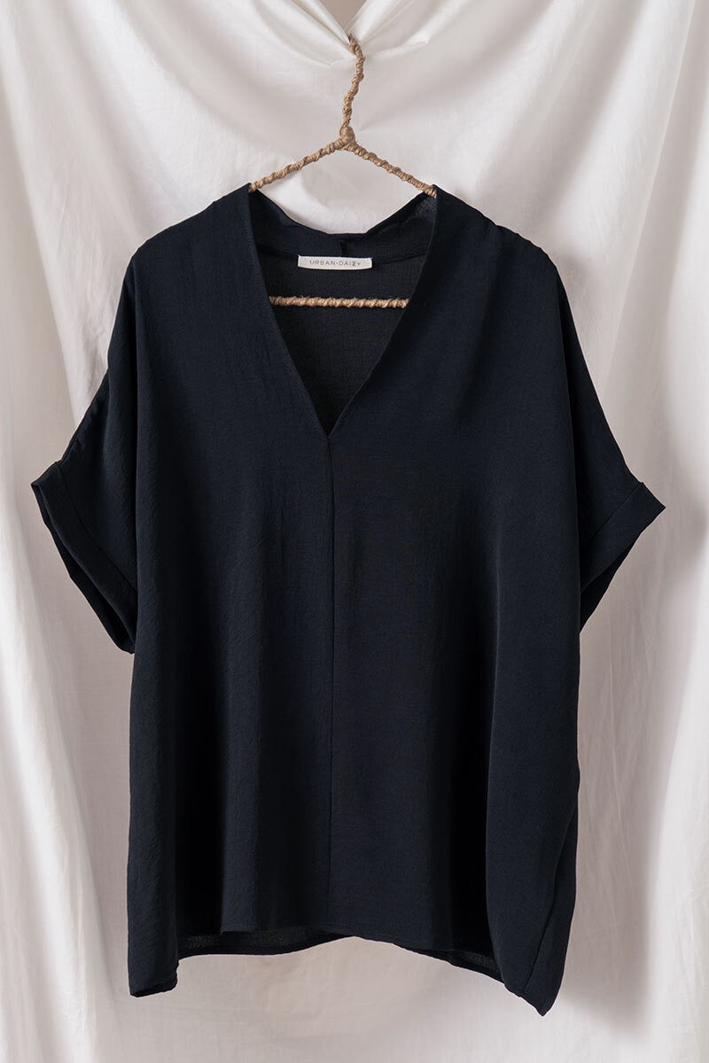 Relaxed V-Neck Folded Casual Top  in Black - Women's Wholesale Tops | Trend Notes