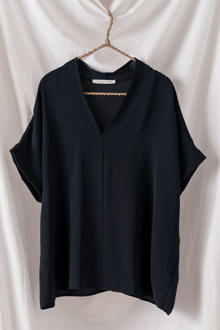 Relaxed V-Neck Folded Casual Top  in Black - Women's Wholesale Tops | Trend Notes