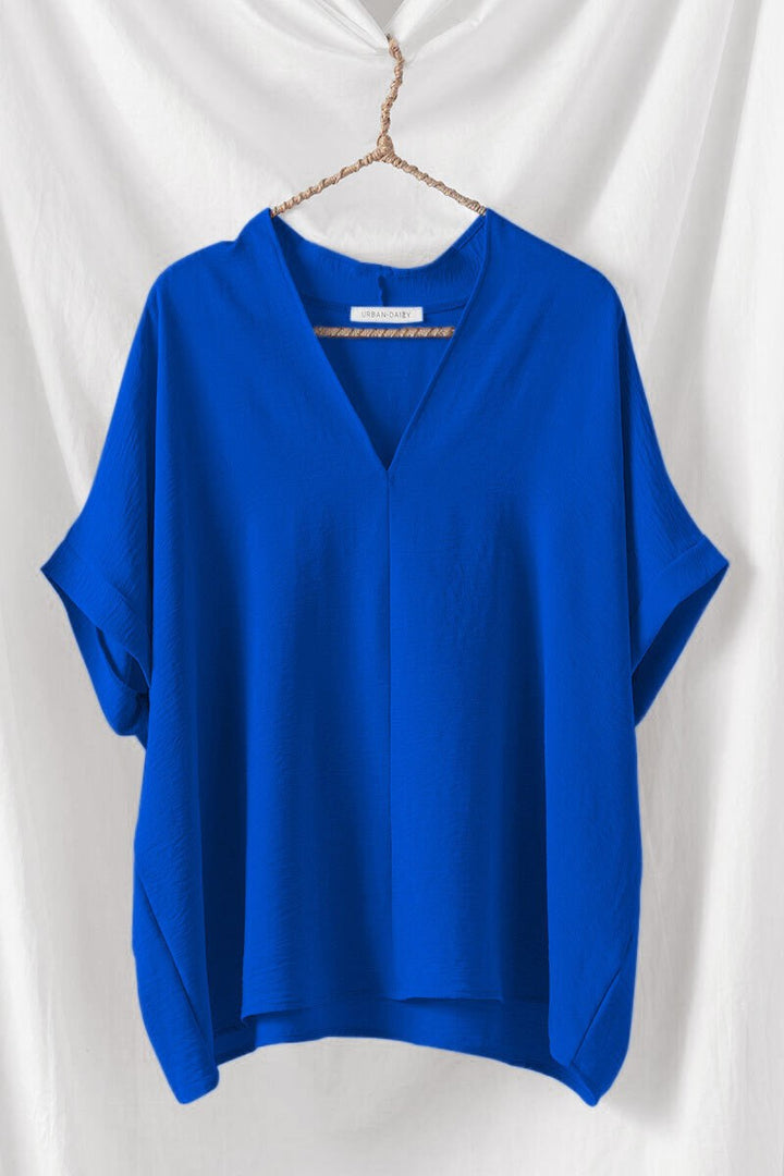 Relaxed V-Neck Folded Casual Top  in Gd Blue - Women's Wholesale Tops | Trend Notes