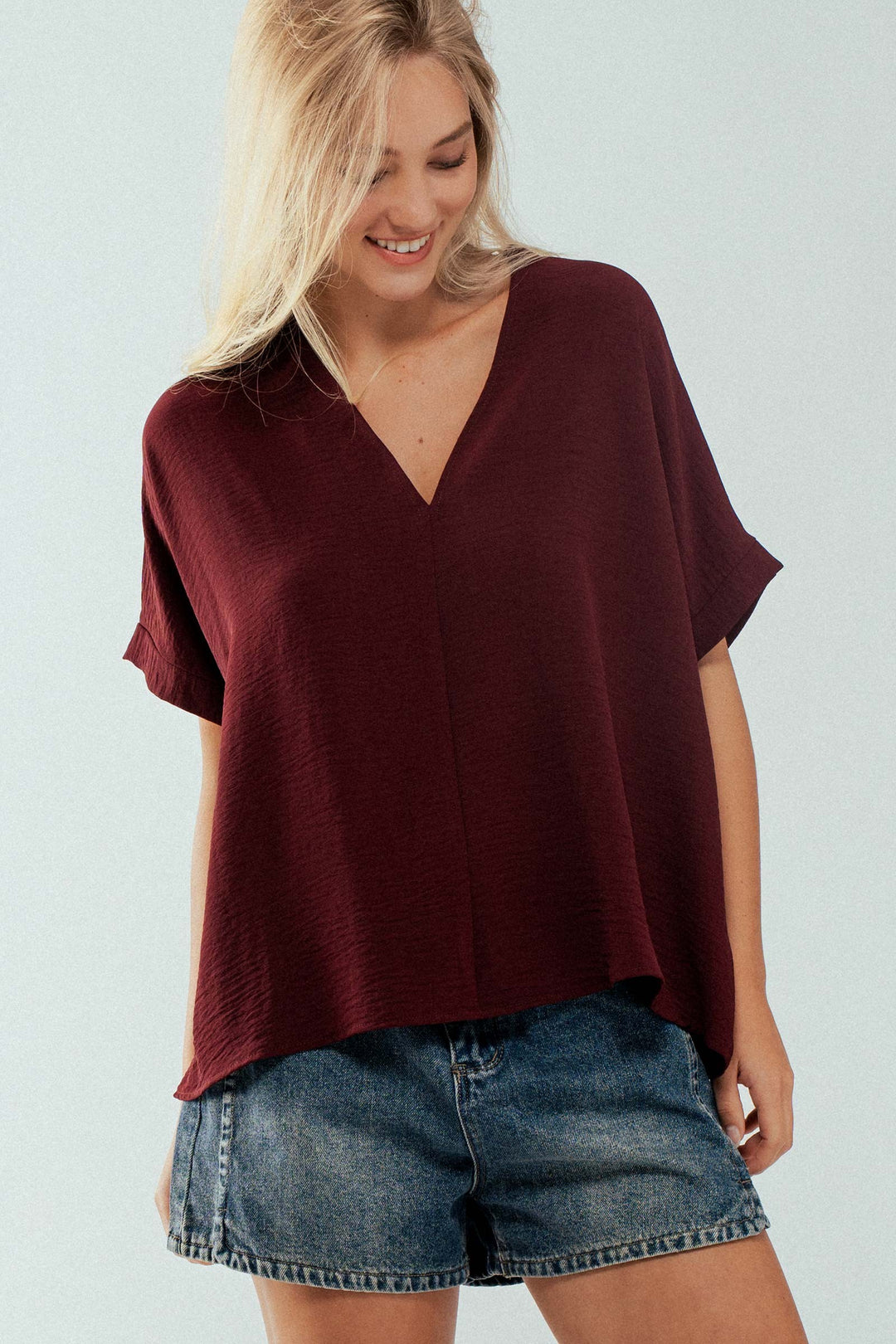 Relaxed V-Neck Folded Casual Top  in Gd Burgundy - Women's Wholesale Tops | Trend Notes