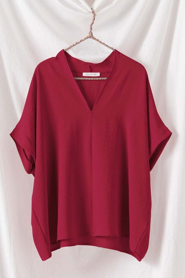 Relaxed V-Neck Folded Casual Top  in Gd Burgundy - Women's Wholesale Tops | Trend Notes