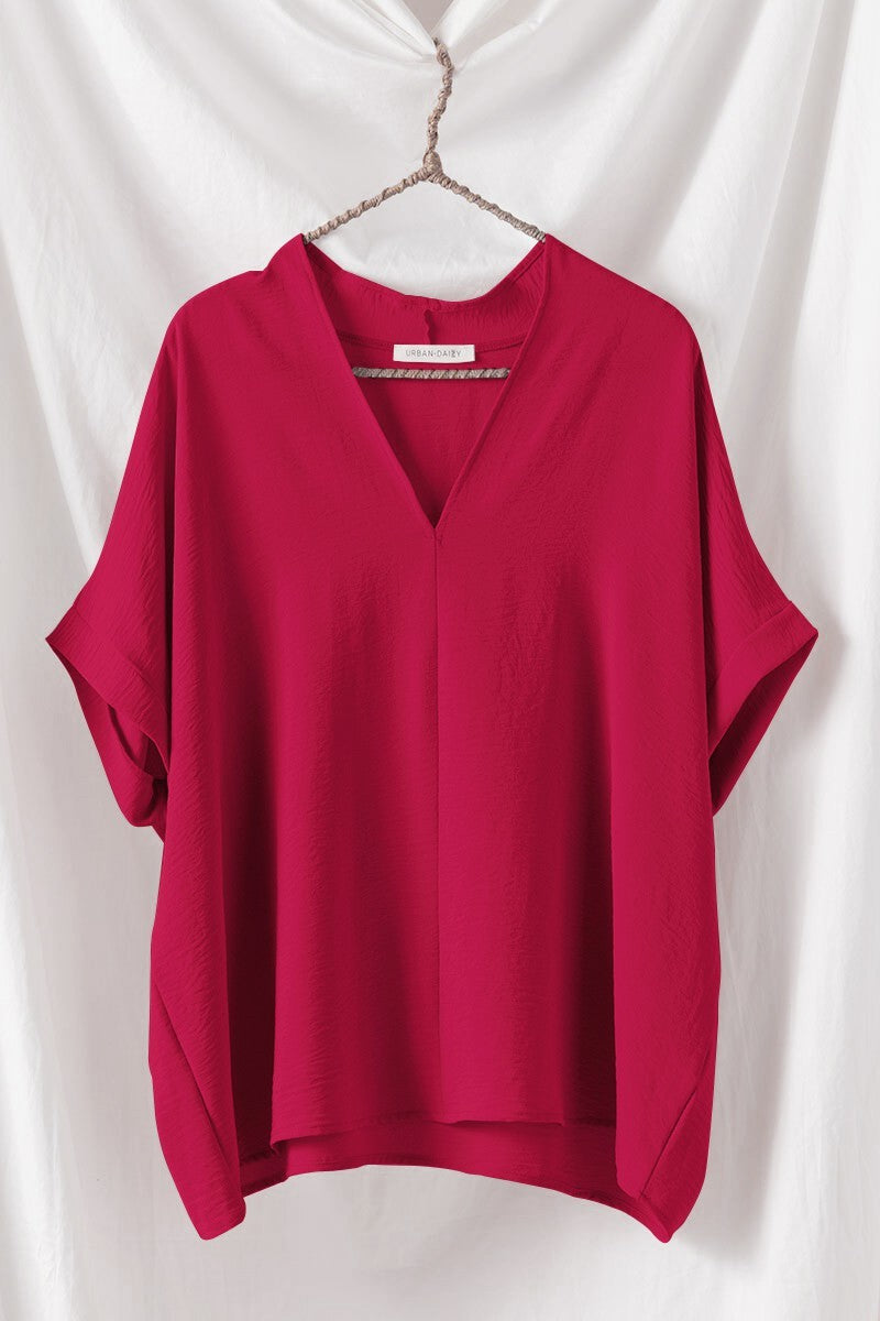Relaxed V-Neck Folded Casual Top  in Gd Crimson - Women's Wholesale Tops | Trend Notes