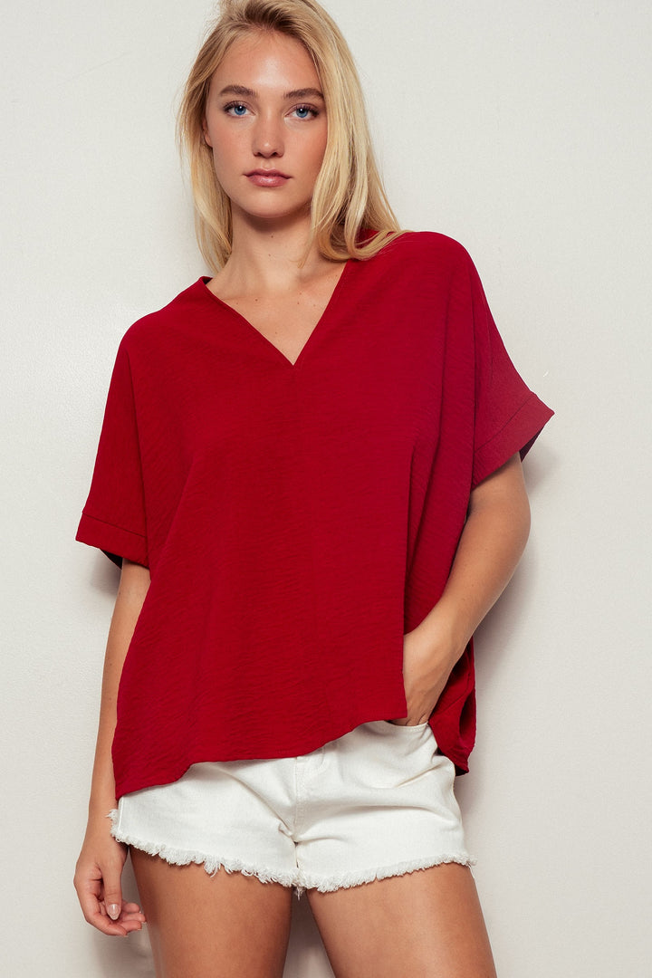 Relaxed V-Neck Folded Casual Top  in Gd Crimson - Women's Wholesale Tops | Trend Notes