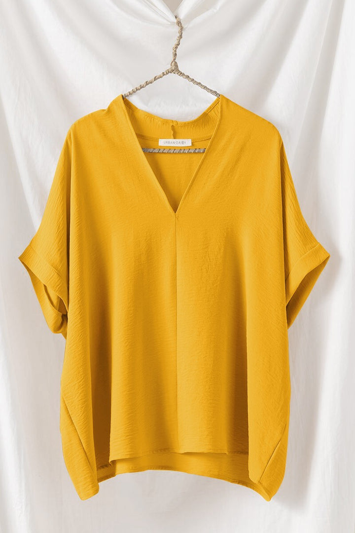 Relaxed V-Neck Folded Casual Top  in Gd Gold - Women's Wholesale Tops | Trend Notes