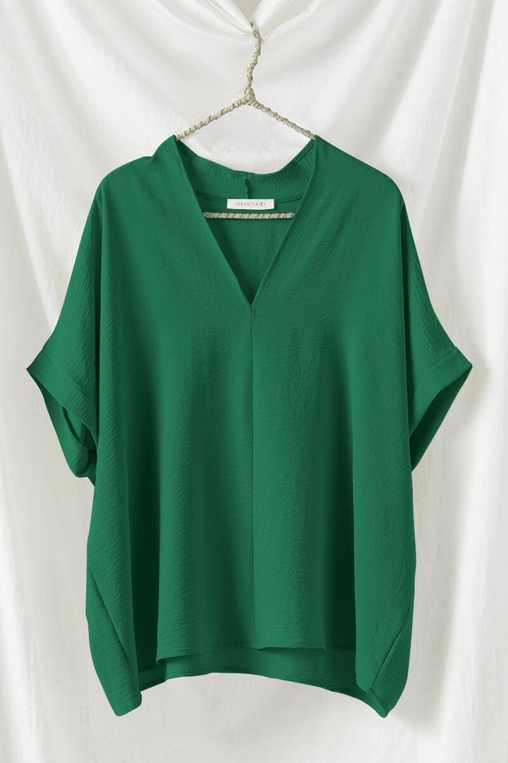 Relaxed V-Neck Folded Casual Top  in Gd Green - Women's Wholesale Tops | Trend Notes
