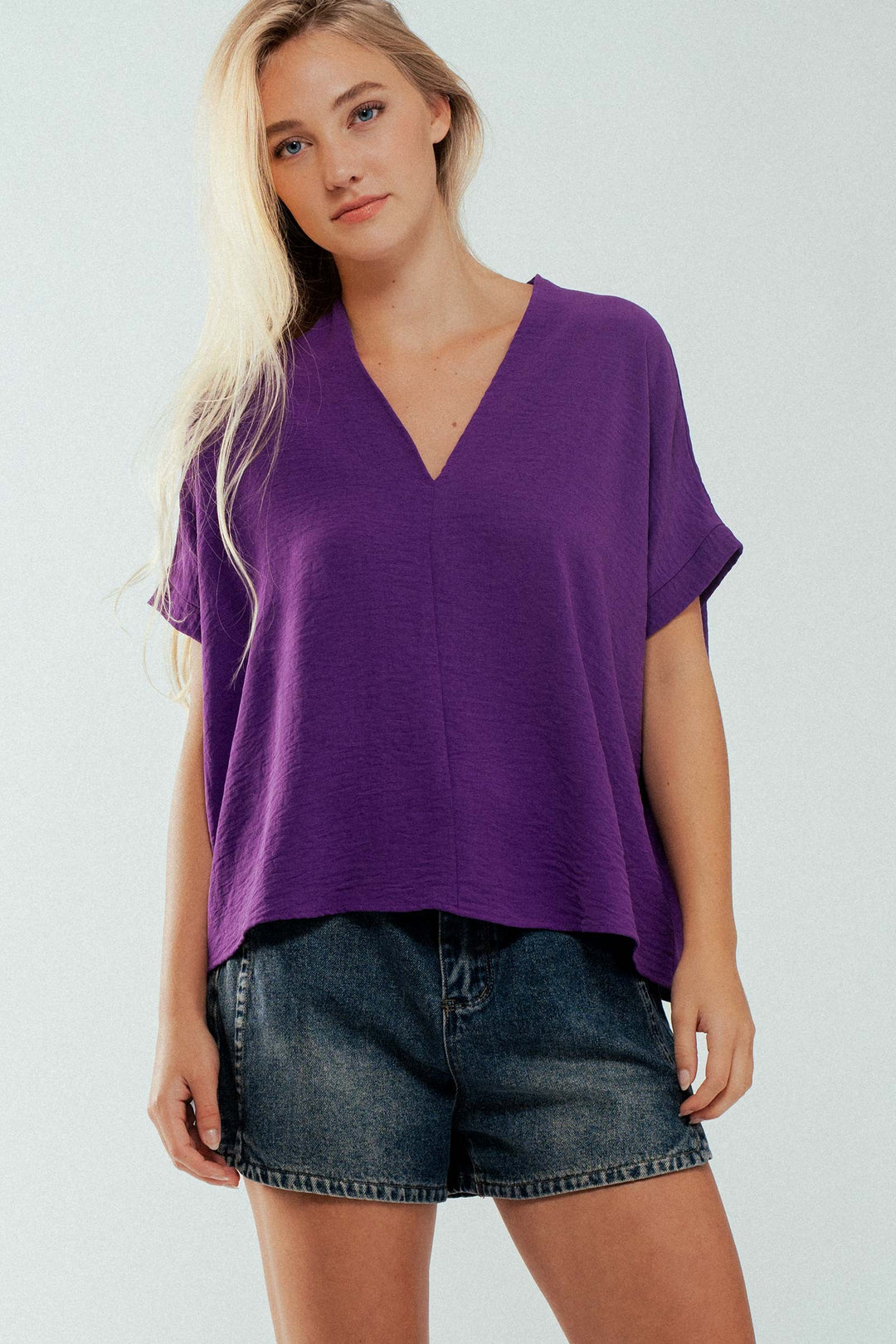Relaxed V-Neck Folded Casual Top  in Gd Purple - Women's Wholesale Tops | Trend Notes