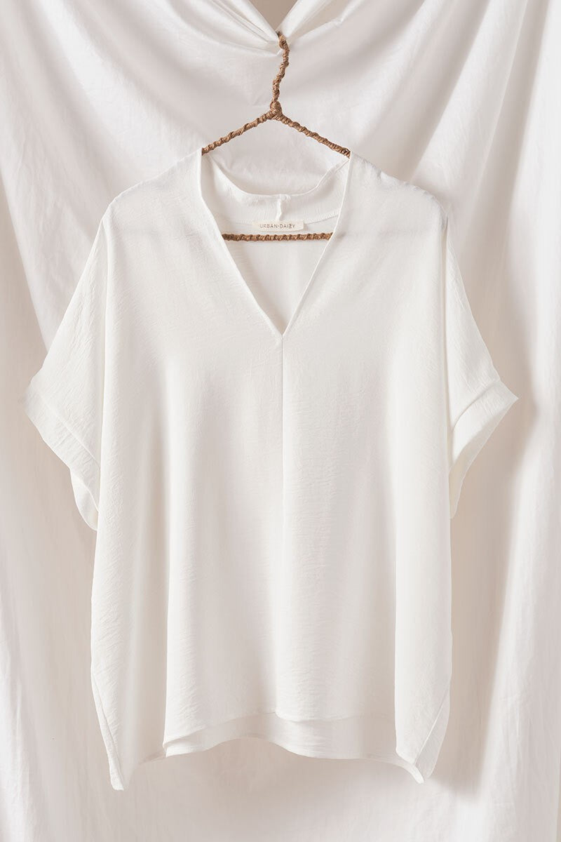 Relaxed V-Neck Folded Casual Top  in Ivory - Women's Wholesale Tops | Trend Notes