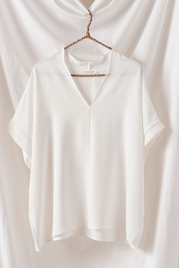 Relaxed V-Neck Folded Casual Top  in Ivory - Women's Wholesale Tops | Trend Notes