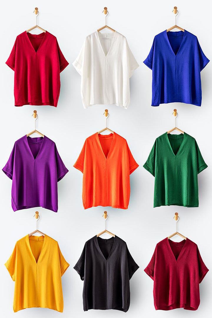 Relaxed V-Neck Folded Casual Top  in Sexy Blue - Women's Wholesale Tops | Trend Notes