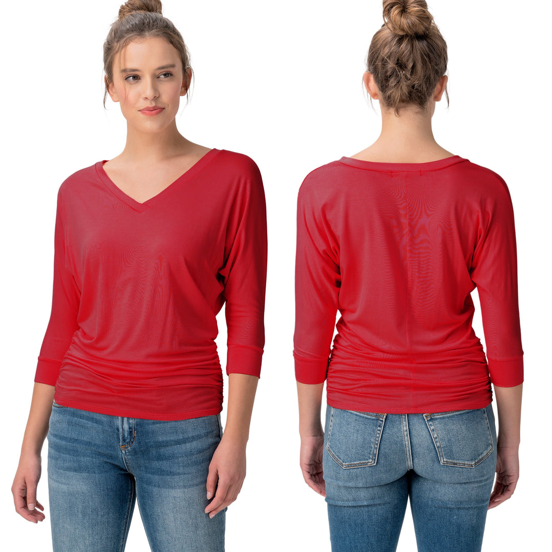 Dolman Sleeve Ruched Casual Tops -Rayon Modal  in Tomato Red - Women's Wholesale T-Shirts & Polos | Trend Notes