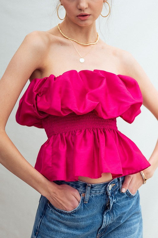 Voluminous Ruffle Smocked Waist Sliky Blouse in Berry - Women's Wholesale Tops | Trend Notes
